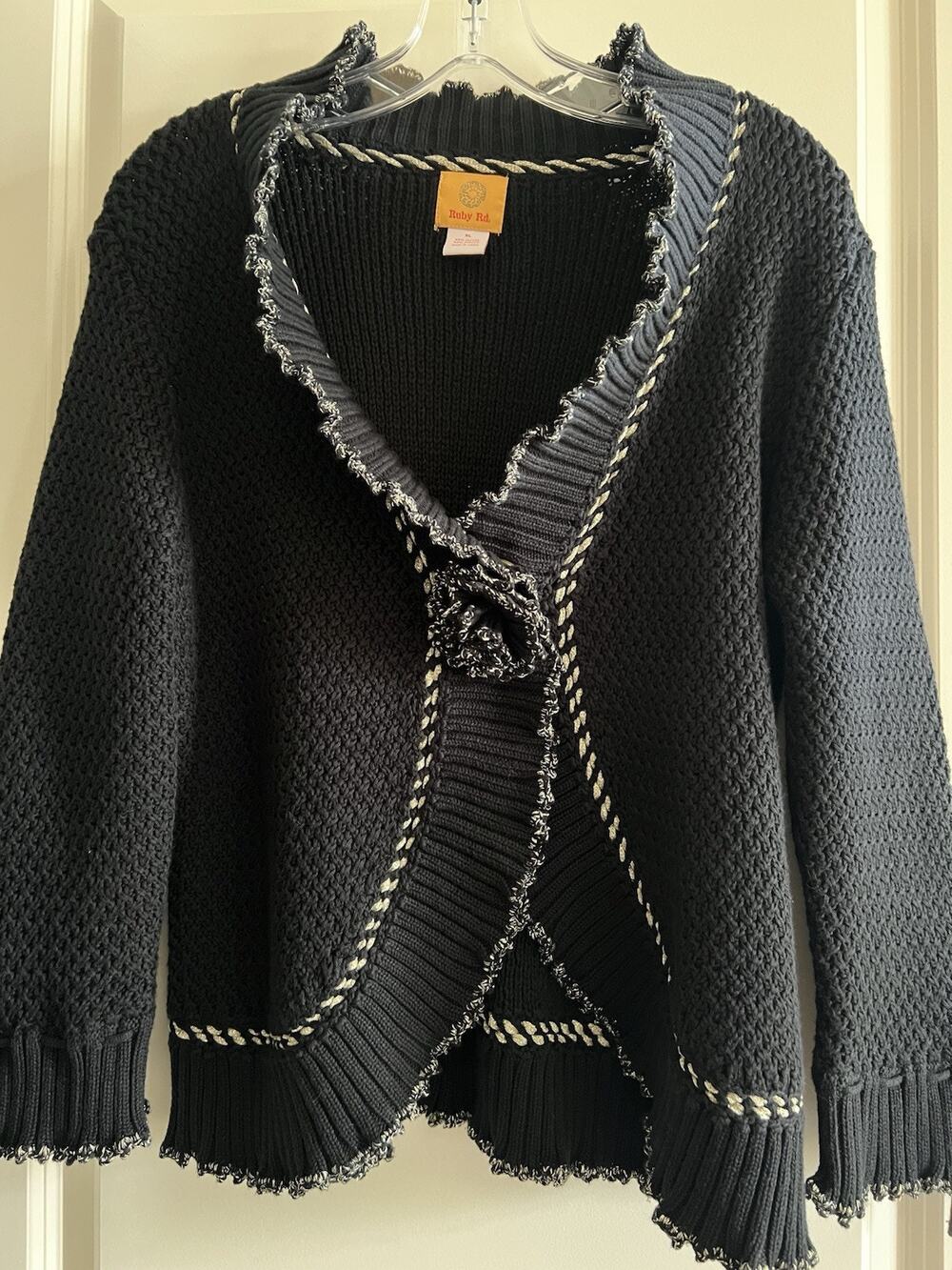 Ruby Road Sweater Cardigan-Women's Large/ Ex-Large- Black w/ Gold Trim